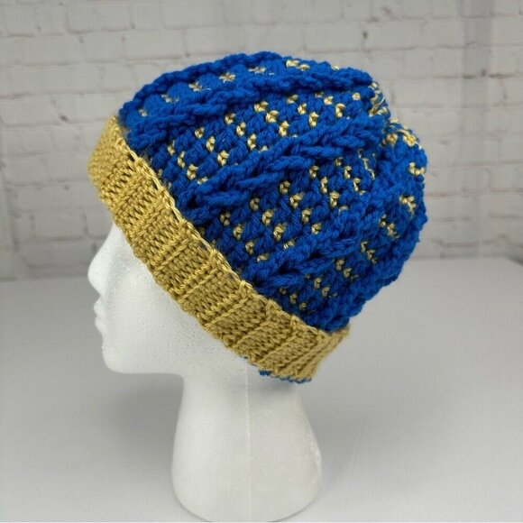 Handmade Unisex New Blue Gold Striped Winter Crochet Beanie - Adult S/M‎ - Picture 2 of 9